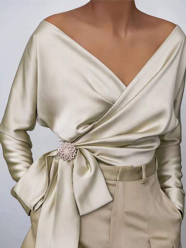 Breathtaking Satin Blouse with Bow Accent Semi-Sheer Blouse