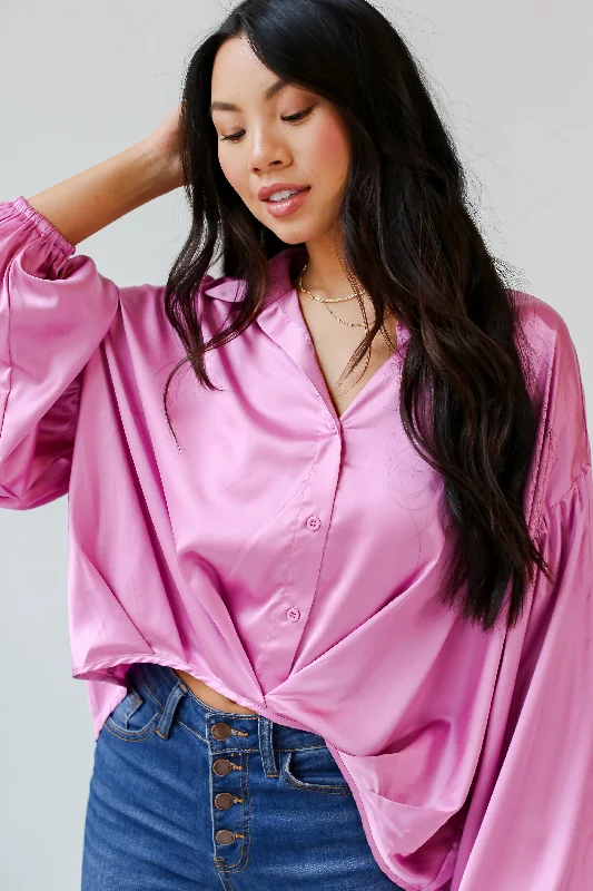 FINAL SALE - Celebrate Style Pink Satin Blouse Silky Draped Blouse