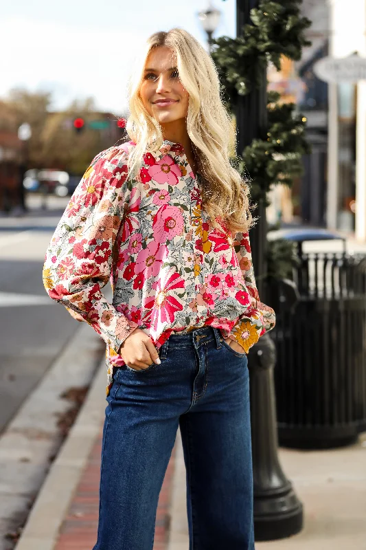 FINAL SALE - Darling Fantasy Pink Floral Button-Up Blouse Vintage Lace Blouse