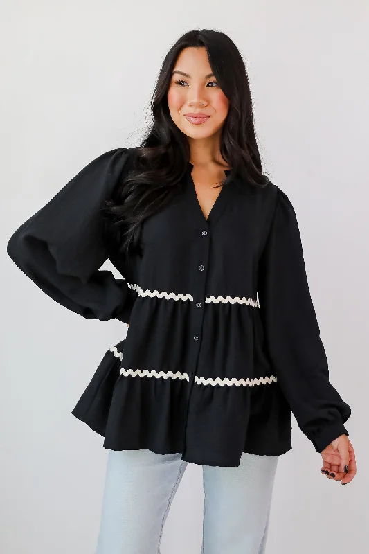 Exclusive Charm Black Tiered Blouse Ruched Sleeve Blouse