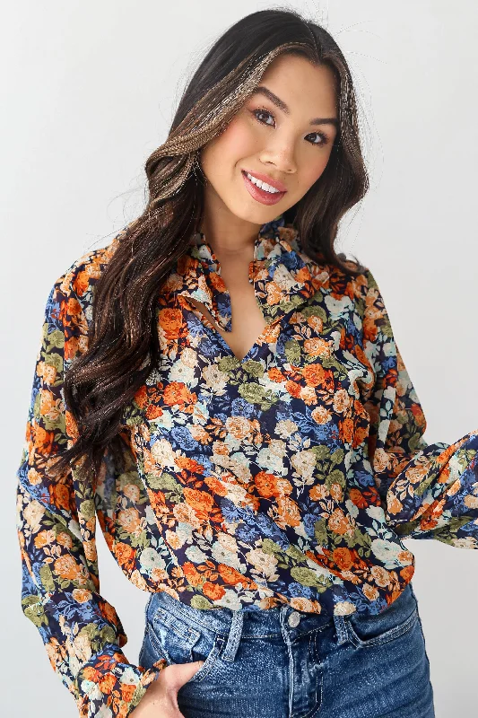 FINAL SALE - Flowering Aesthetic Navy Floral Blouse Casual Button Blouse