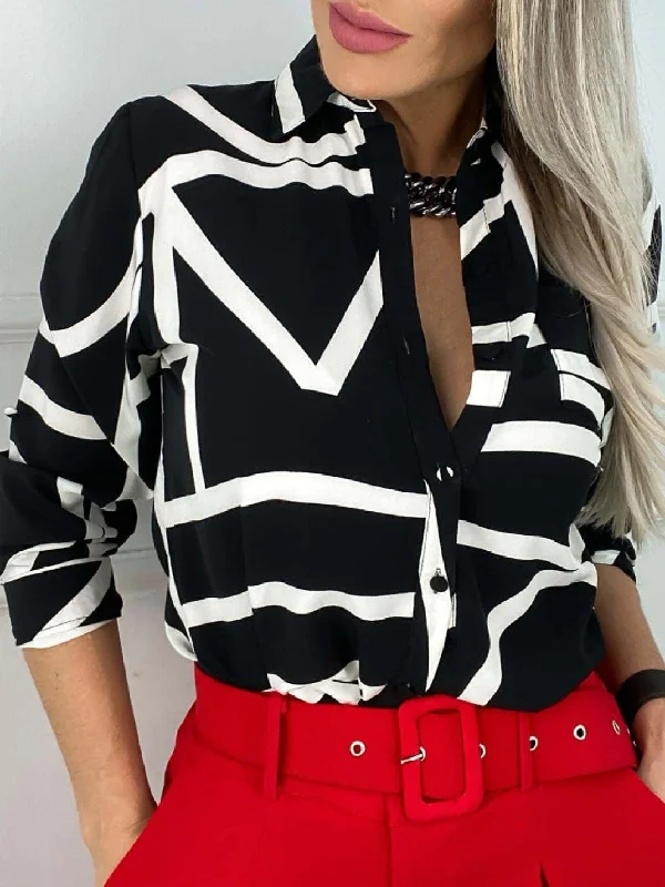 Long Sleeve V-Neck Blouse Asymmetric Hem Blouse