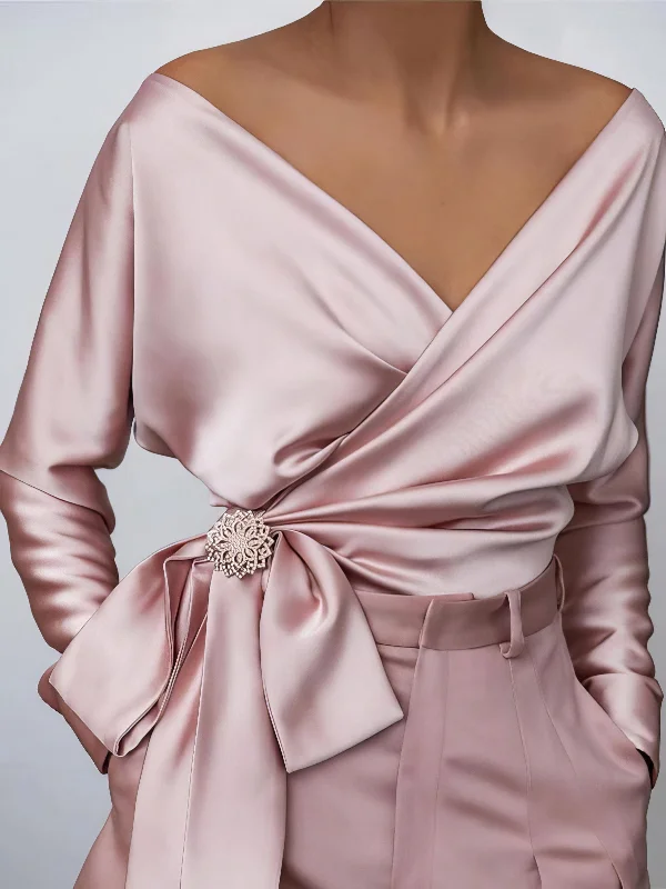 Seductive Satin Blouse with Wrap Detail Chic Square Blouse