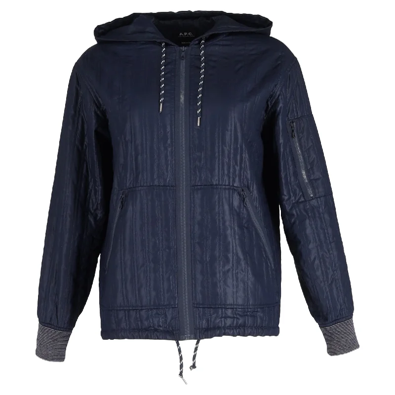 A.P.C. Quilted Zipped Jacket in Navy Blue Polyester Ribbed T-Shirt High Neck Heavyweight