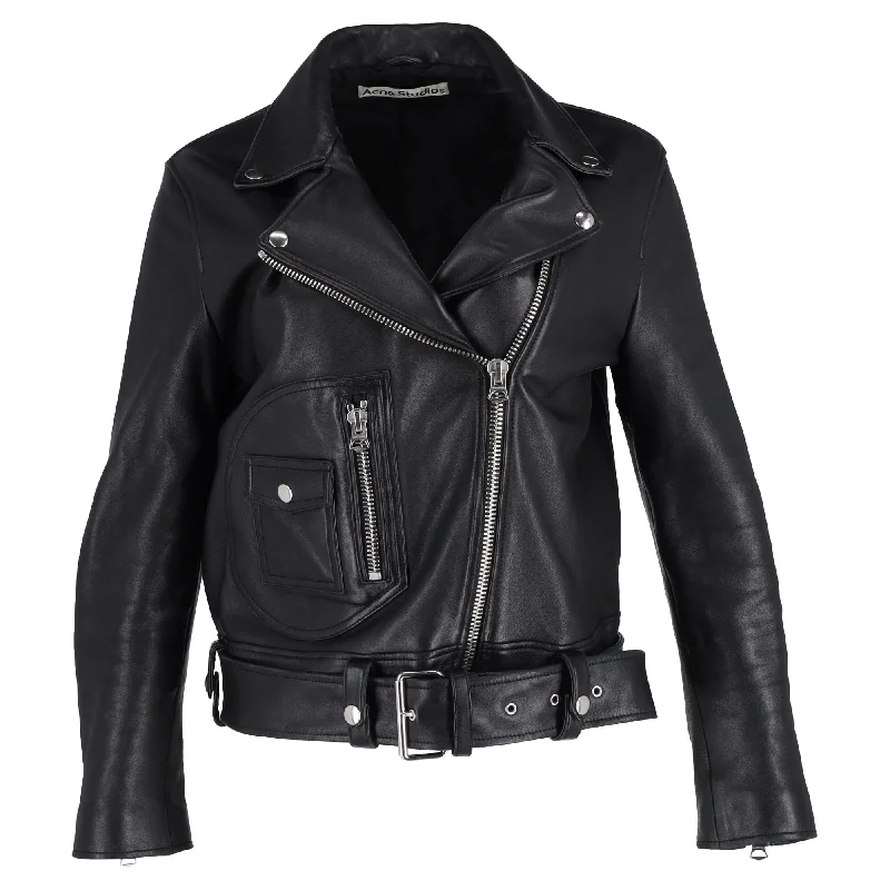 Acne Studios Zip Up Biker Jacket in Black Leather Hooded Caped Shawl Collar