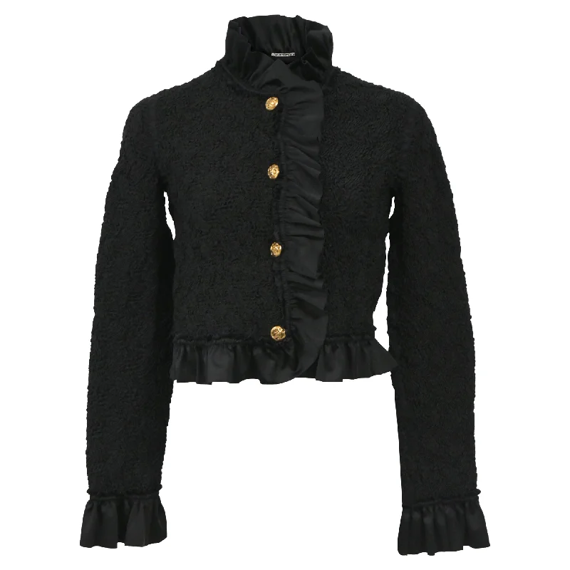 Alexander Wang Cropped Ruffled Stretch-Seersucker Jacket in Black Polyamide Front Pockets Side Pockets Patch Pockets