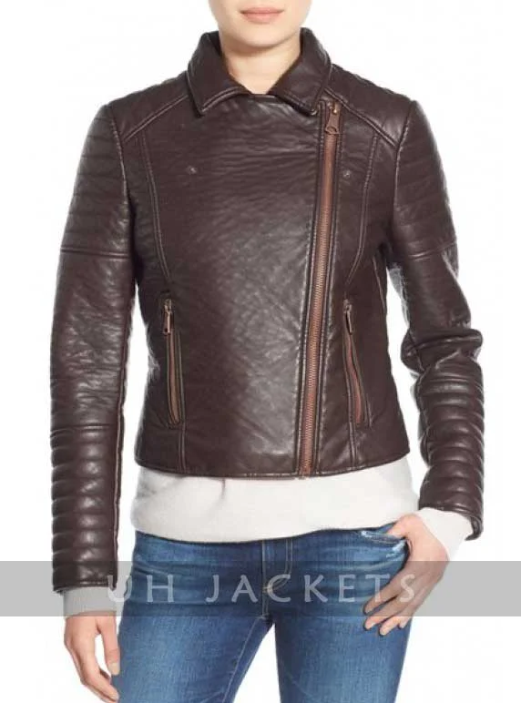 Andrew Marc Moto Leather Jacket with Removable Faux Fur Collar V-Neck T-Shirt Long Sleeve Cotton