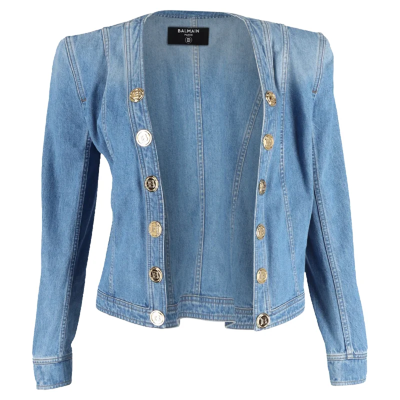 Balmain Button-Embellished Denim Jacket in Light Blue Cotton Boxy Fit Fitted Loose