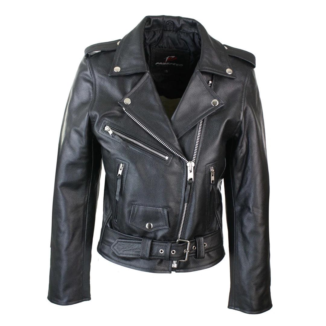 Brando Ladies Women Black Red White Classic Biker Motorcycle Motorbike Hide Leather Jacket Collared T-Shirt Boat Neck A-Line