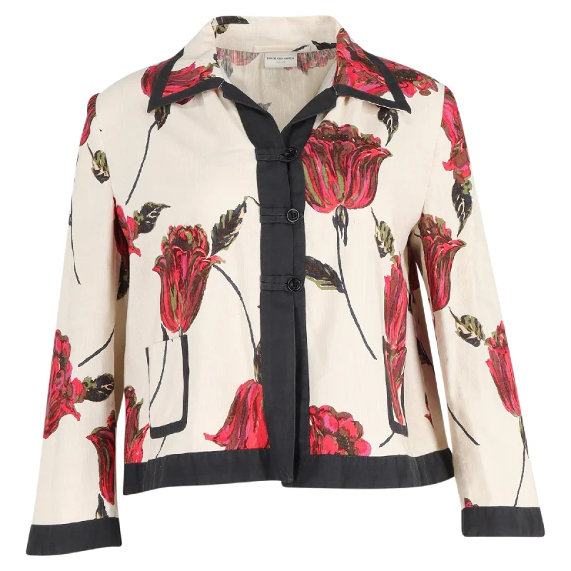 Dries Van Noten Floral Short Jacket in White Linen Notch Collar Peter Pan Collar Cowl Neck