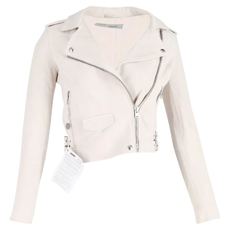 Iro Cropped Biker Jacket in Cream White Lambskin Leather Satin Fabric Silk Fabric Chiffon Fabric