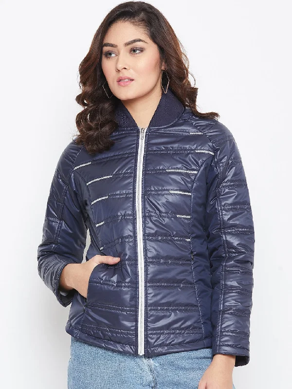 JUMP USA Women Blue Solid Padded Jacket Welt Pockets Slit Pockets