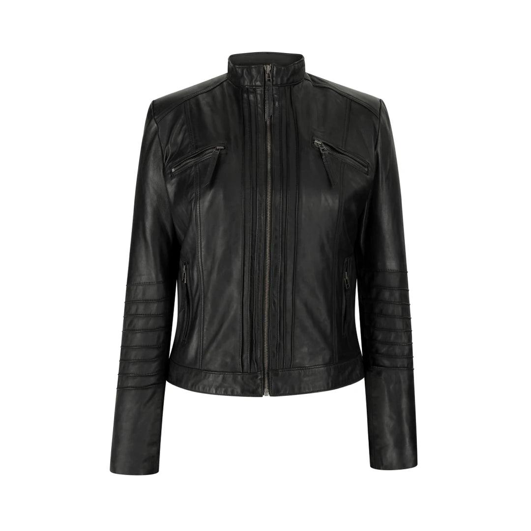 Ladies Biker Jacket Vintage Real Leather Zipped Fit Nehru Collar Japanese Style Cozy Warm Stylish