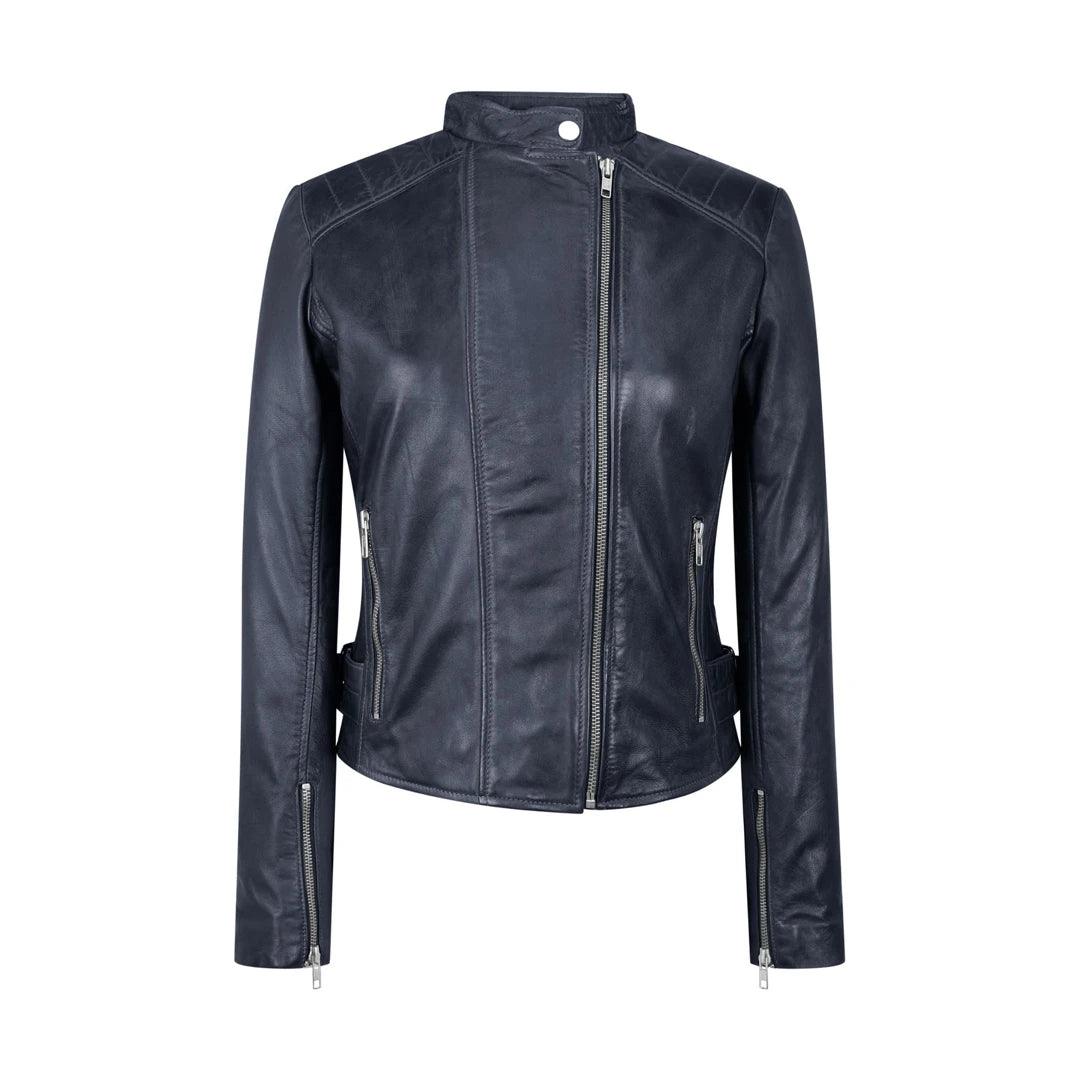 Ladies Real Leather Jacket Cross Zip Brando Nehru Collarless Soft Slim Fit Houndstooth Herringbone Solid