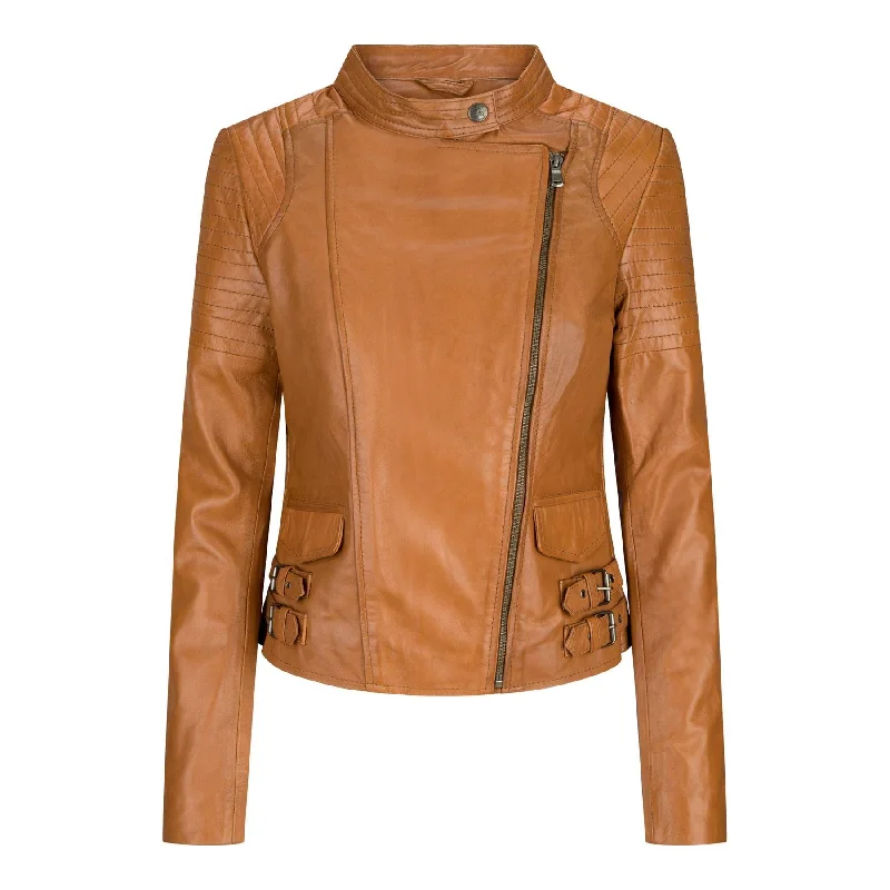 Ladies Real Leather Jacket Short Fitted Bikers Style Vintage Tan Brown Rock Zippered Front Buttoned Front Snap Front