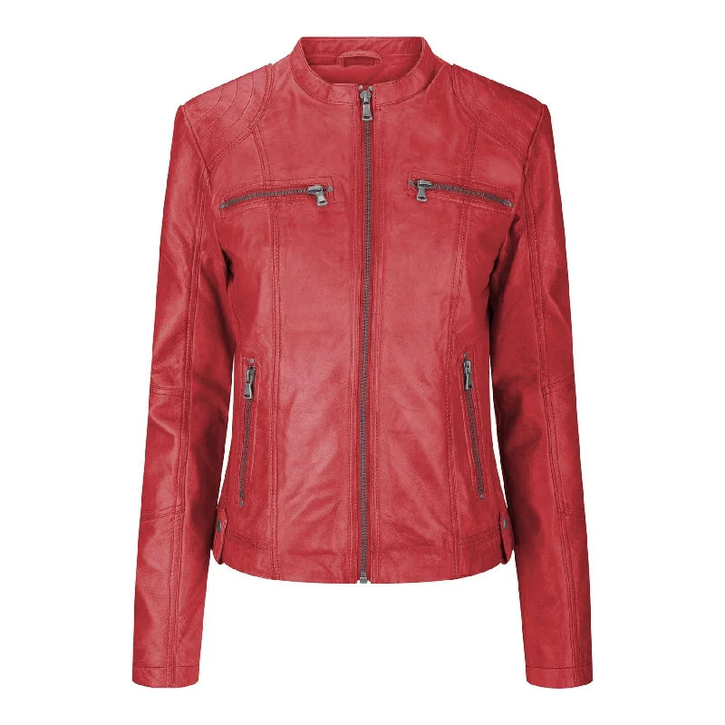 Ladies Real Leather Jacket Short Fitted Burgundy Retro Chinese Collar Boxy Fit Fitted Loose