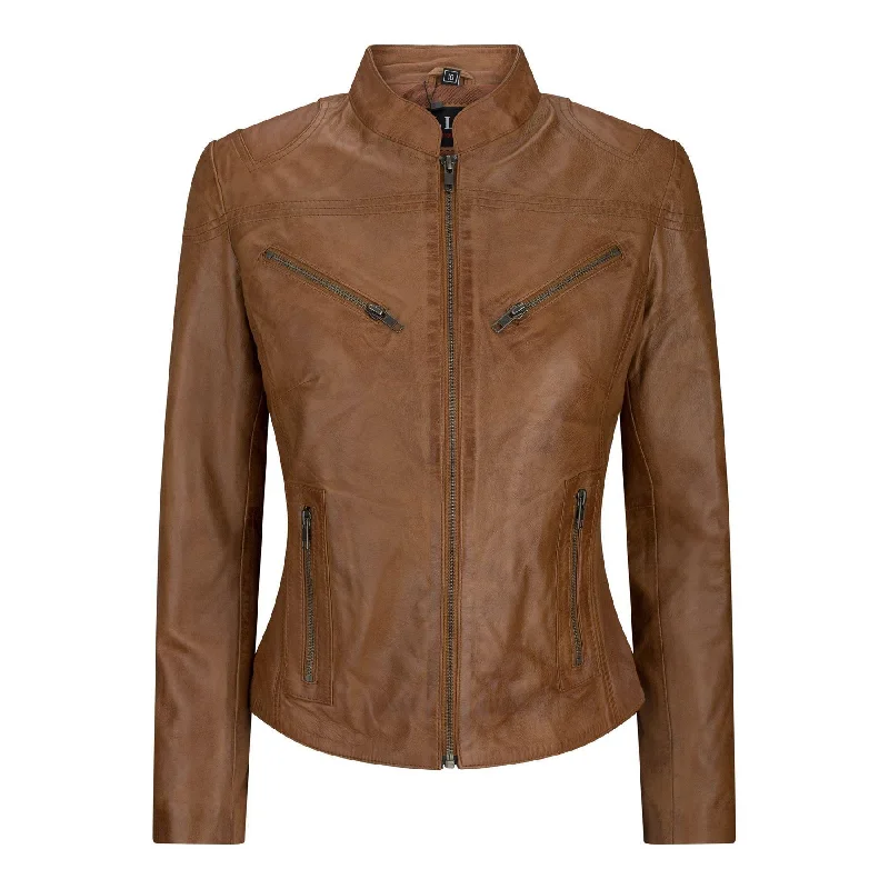 Ladies Real Leather Tan Biker Style Fashion Jacket Size UK 6-20 Anti-Shrink Durable Soft