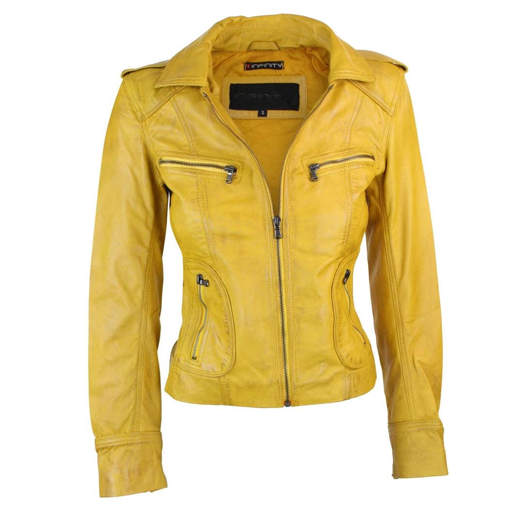 Ladies Real Leather Yellow Biker Style Fashion Jacket Size UK 6-18 Houndstooth Herringbone Solid