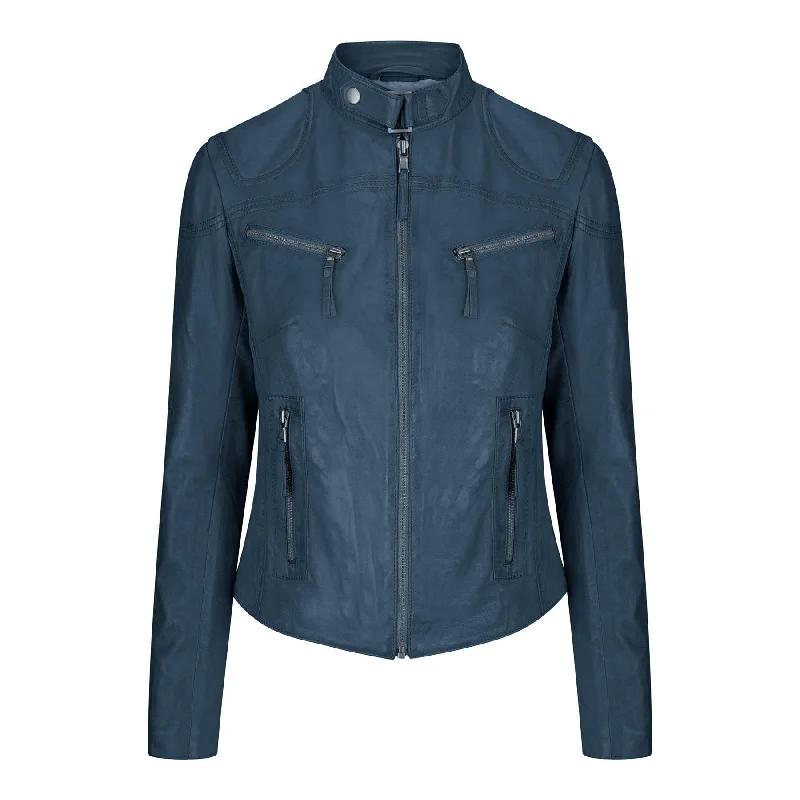 Ladies Women Genuine Real Leather Slim Fit Navy Biker Jacket Zippered Front Buttoned Front Snap Front