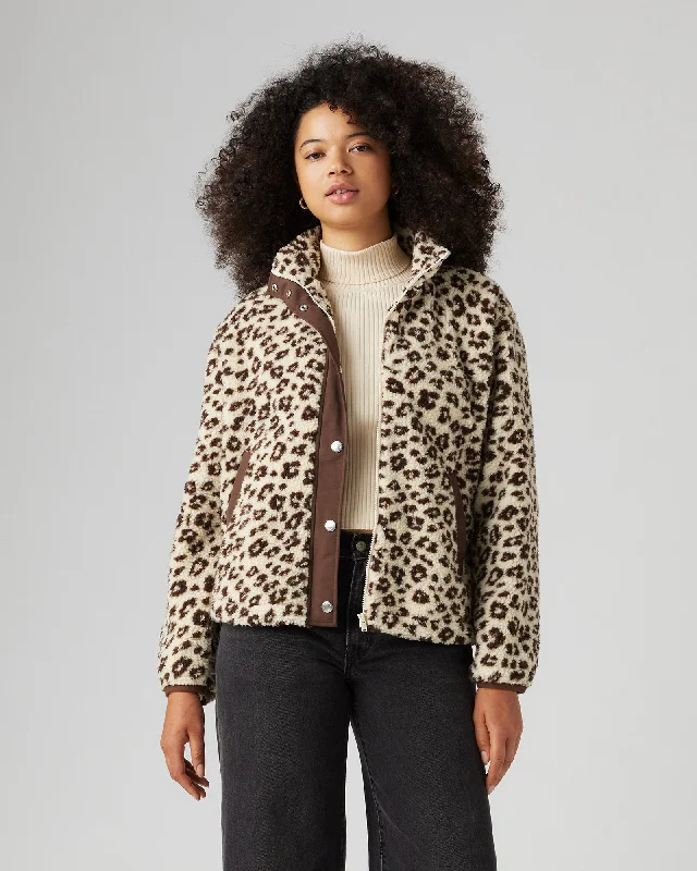 Valley Sherpa Jacket in Esso Cheetah White Swan Zippered Front Buttoned Front Snap Front