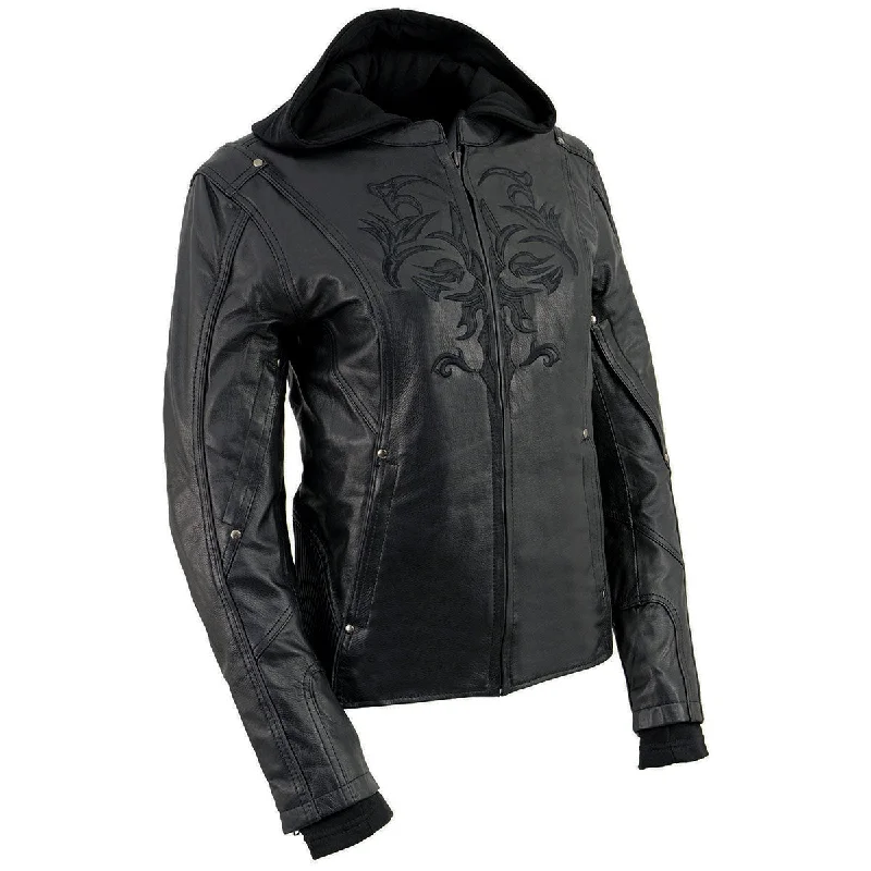 Milwaukee Leather ML2066 Women's 3/4 Black Leather Hoodie Jacket with Hooded Caped Shawl Collar