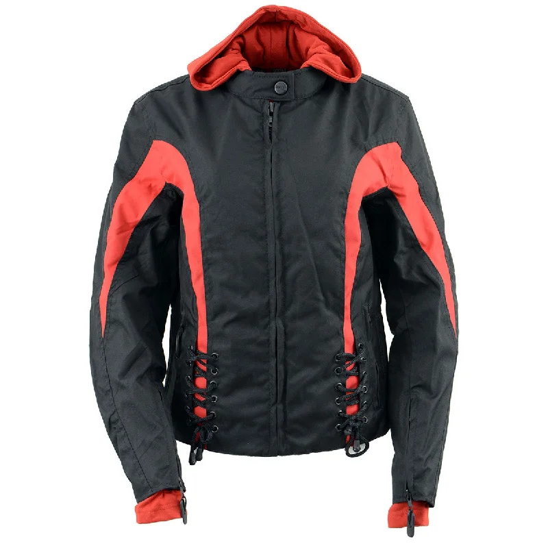 NexGen SH1998 Ladies Red and Black Textile Racer Jacket with Removable Lace Blend Ribbed Blend Corduroy Blend