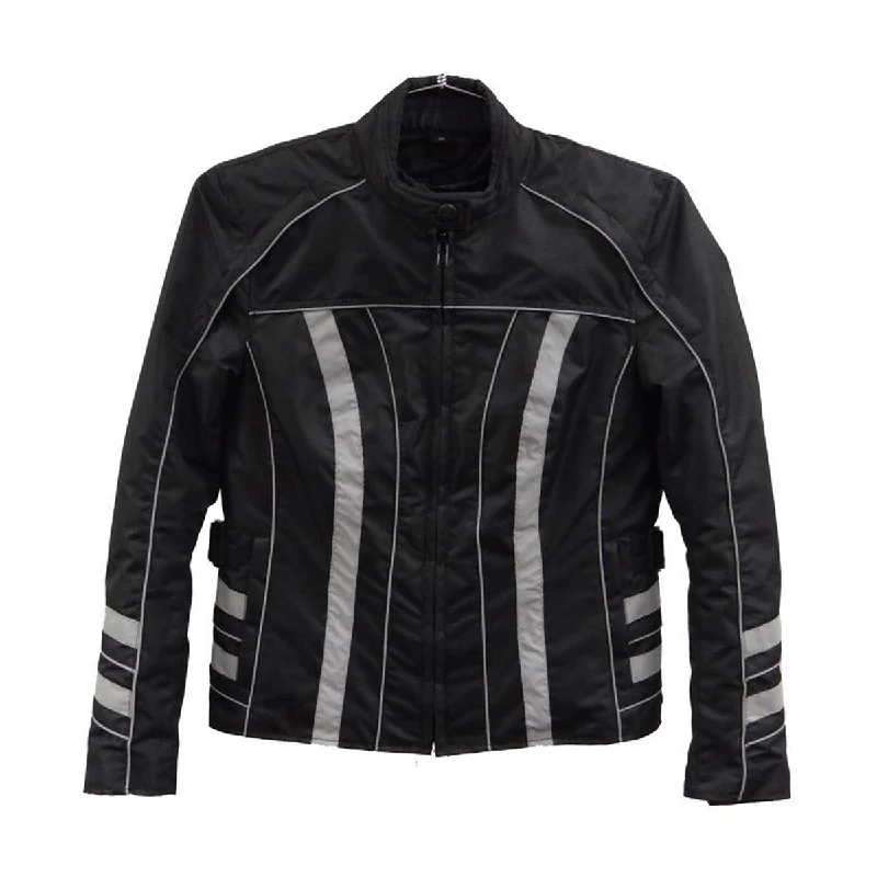 NexGen SH2394 Women's Black and Silver Textile Racer MC Jacket Lace Blend Ribbed Blend Corduroy Blend