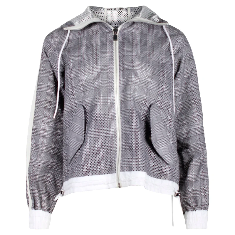 Sacai Checked Hooded Jacket in Grey Polyester Welt Pockets Slit Pockets Flap Pockets