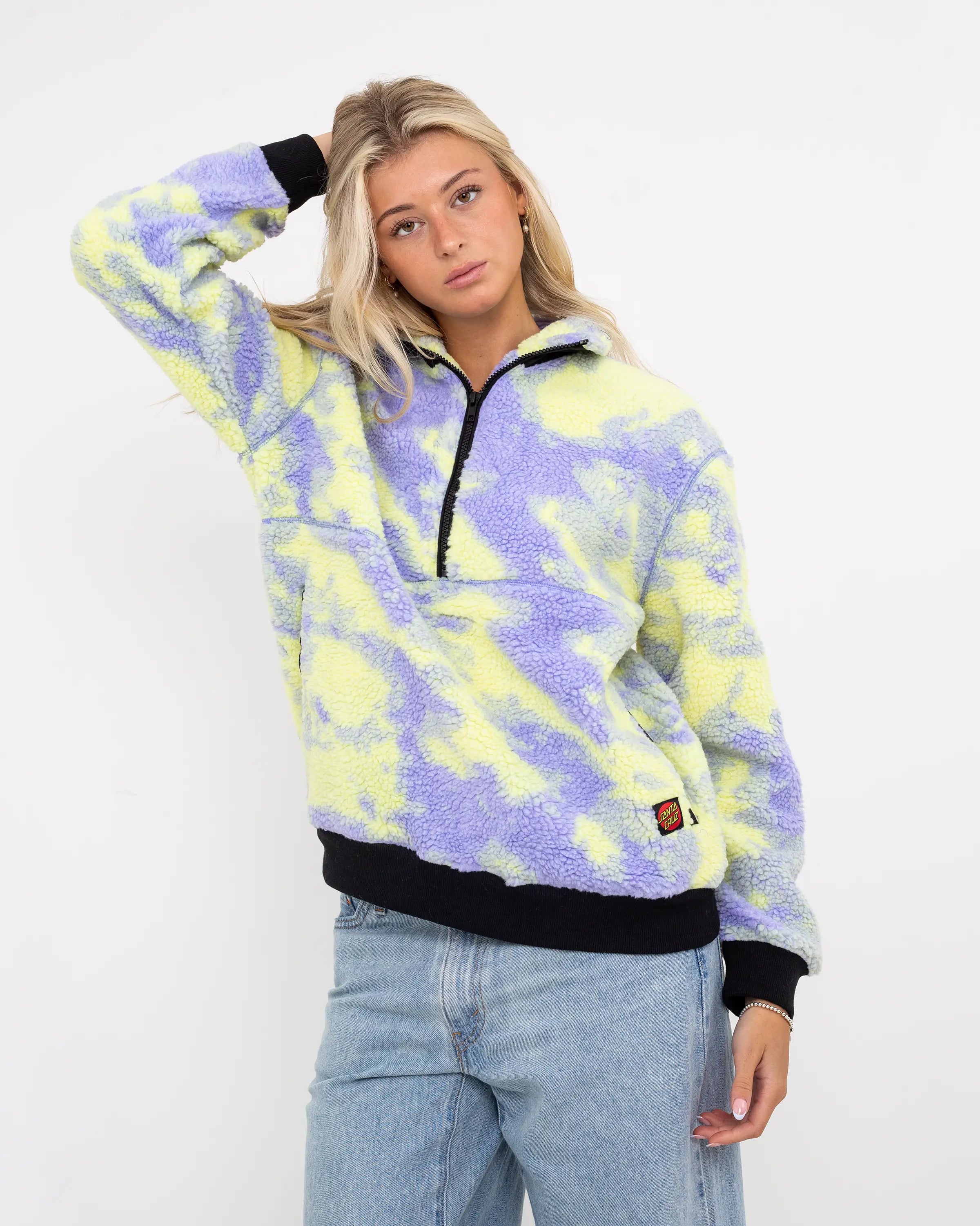 Astra Sherpa Fleece Jacket in Purple & Yellow Tie Dye Ribbed T-Shirt High Neck Heavyweight