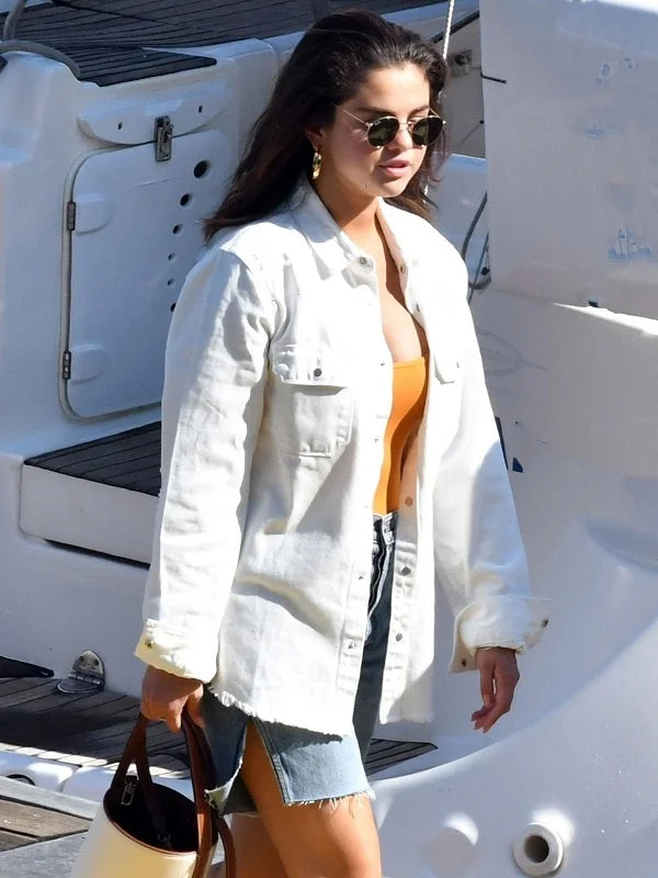 Selena Gomez White Cotton Jacket Fashionable Trendy Casual