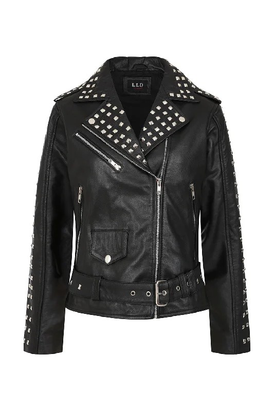 Women's Black Leather "Rock Chic" Jacket with Black Lining - Tatiana 2 Houndstooth Herringbone Solid