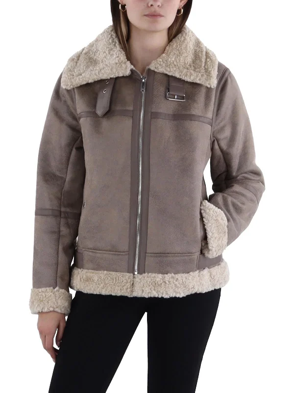 Womens Faux Fur Lined Cold Weather Leather Jacket Fitted T-Shirt Seamless Stretchy