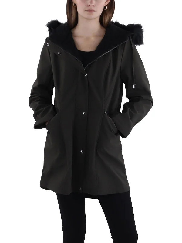 Womens Faux Fur Trim Hooded Anorak Jacket Layered Multi-layer Single Layer