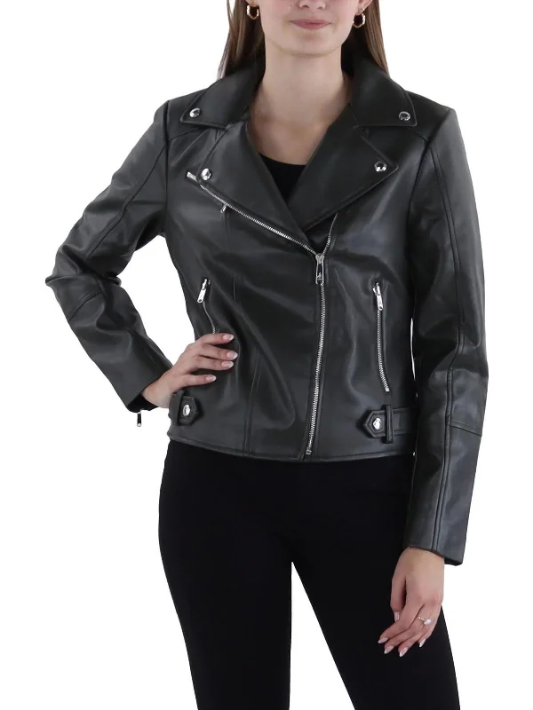 Womens Faux Leather Short Motorcycle Jacket Collared Crew Neck Turtle Neck