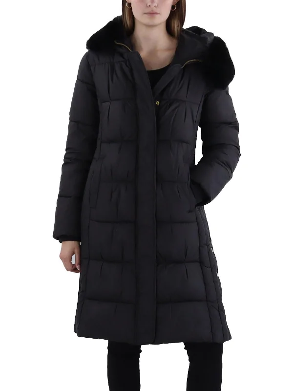 Womens Hooded Midi Puffer Jacket Collared Crew Neck Turtle Neck