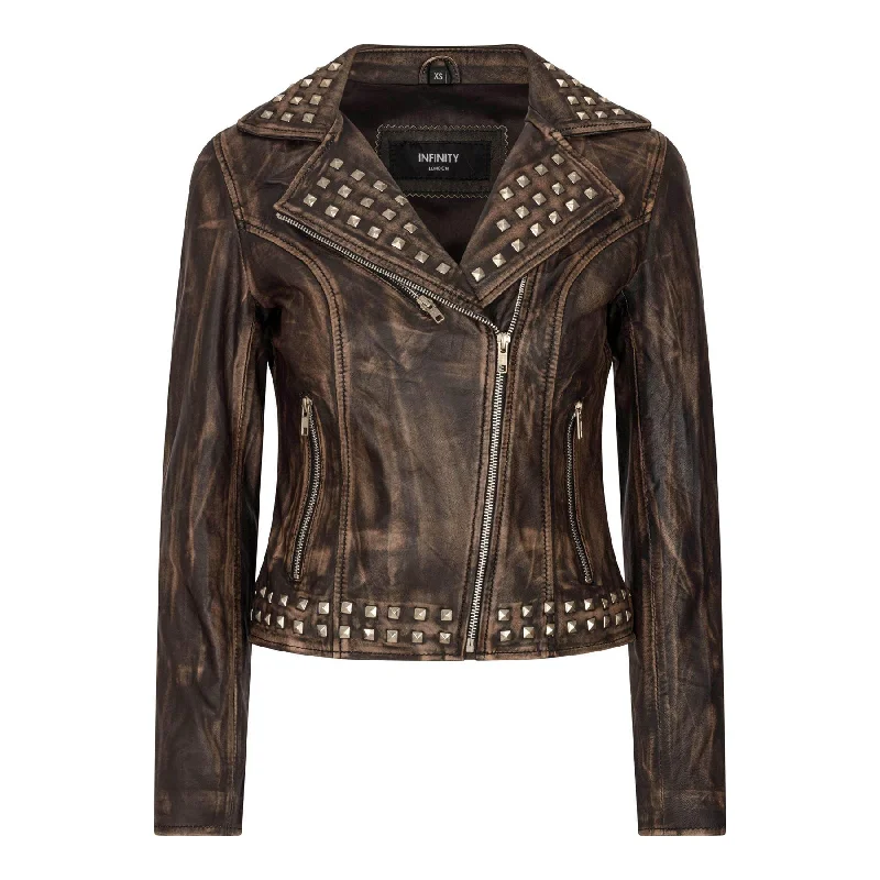 Women's Leather Jacket Cross Zip Studded Moto Brando Biker Coat Hooded Caped Shawl Collar