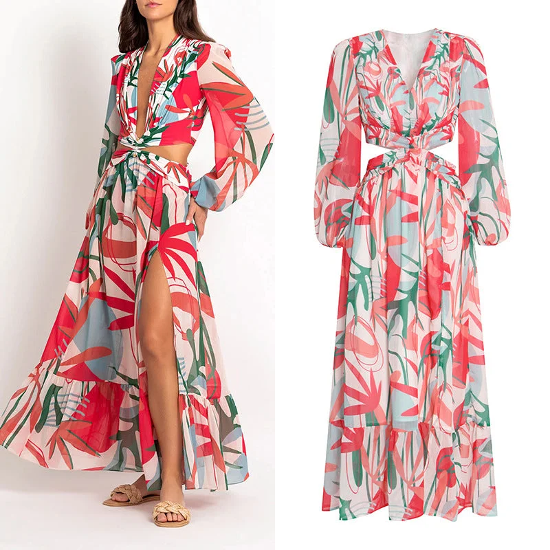 Printed V-Neck Puff Sleeve Cutout Maxi Dress Fashionable Chiffon Tiered Maxi Dress