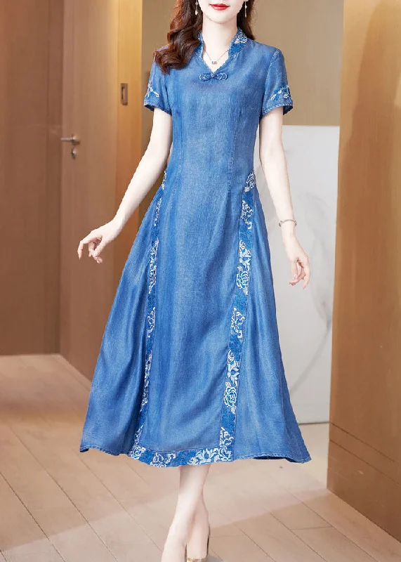 Bohemian Blue Stand Collar Embroideried Butto Silk Denim Maxi Dresses Short Sleeve Classic Tulle Maxi Dress