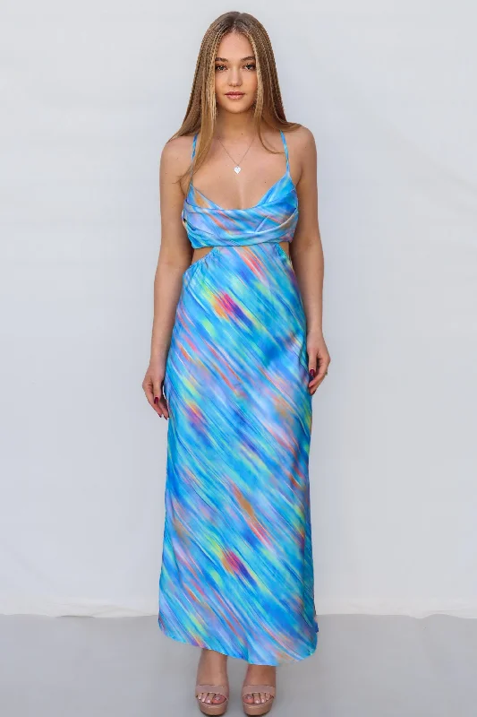 Britney Maxi Dress - Blue Rainbow Stripes Comfortable Flowy Maxi Dress