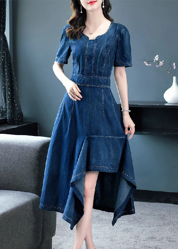 Classy Blue O-Neck Asymmetrical Patchwork Solid Cotton Holiday Denim Maxi Dress Short Sleeve Comfortable T-Shirt Maxi Dress