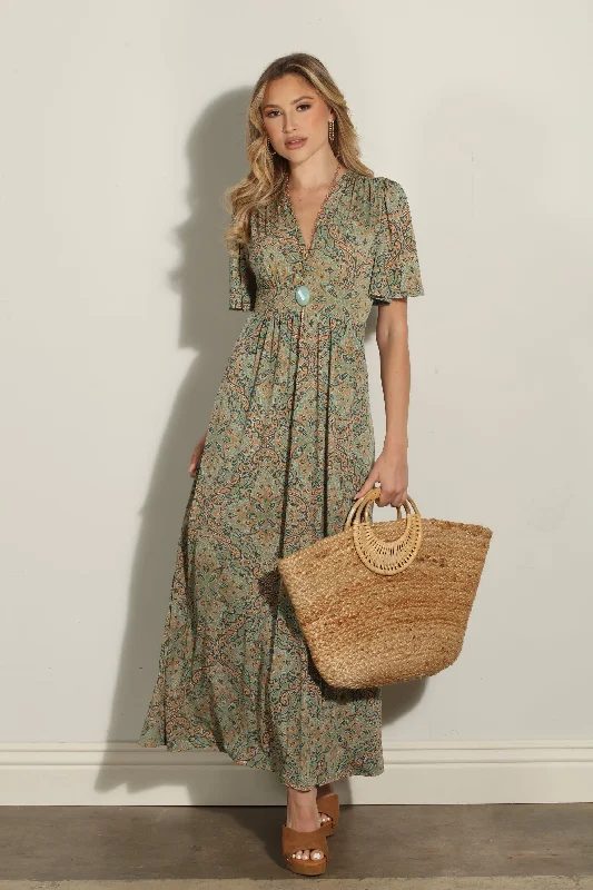 Neema Stretch Deep V Flutter Sleeve Maxi Dress-FINAL SALE Fashionable Printed Maxi Dress