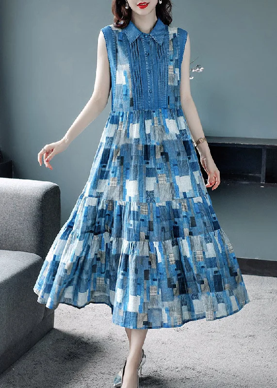 Elegant Blue Peter Pan Collar Plaid Wrinkled Maxi Dresses Summer Trendy Floral Print Maxi Dress