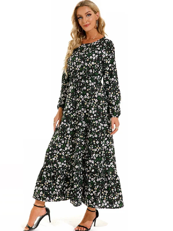 Zjkrl - Elegant Floral Print Women Dress Spring Summer Casual O Neck Long Sleeve Chiffon A Line Long Maxi Dress Party Vestidos Stylish Long Sleeve Maxi Dress