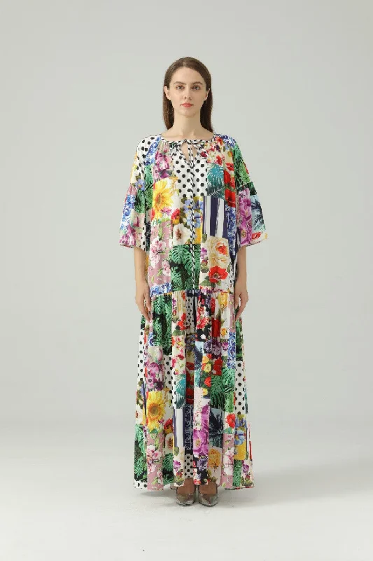 Floral Tie-Neck Flare Sleeve Maxi Dress Comfortable Pleated Maxi Dress