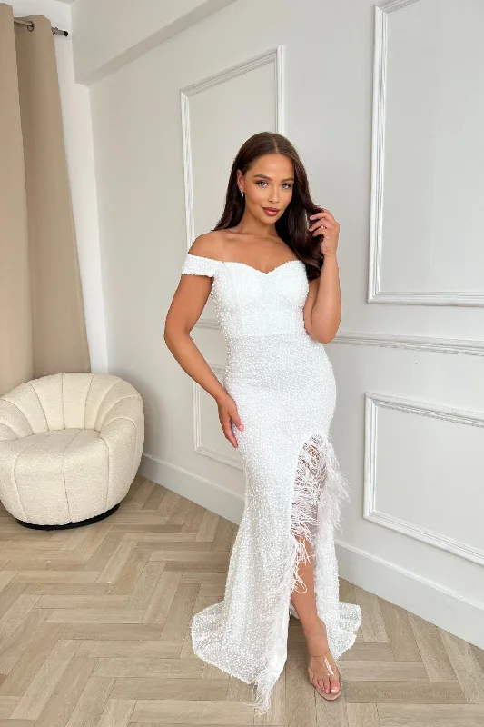 Galaxy White Luxe Sequin Embellished Off The Shoulder Bardot Feather Slit Maxi Dress Elegant Lace-Up Maxi Dress