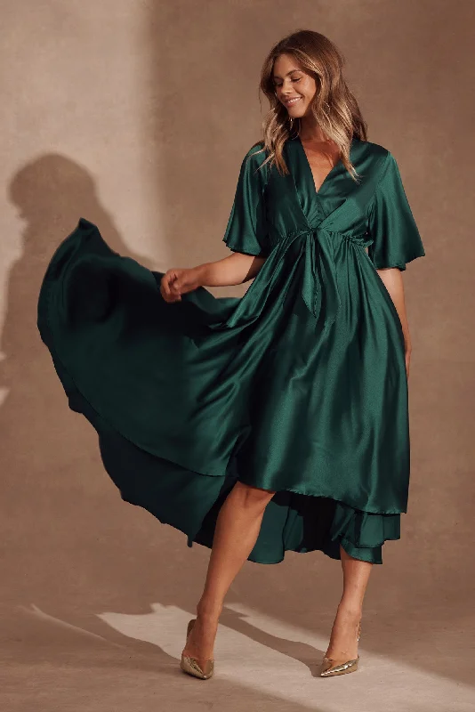 Helsinki Maxi Dress In Emerald Green Satin Elegant Maxi Dress with Ruffles