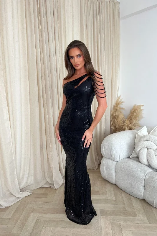 Impress Luxe Black One Shoulder Beaded Fringe Sequin Embellished Illusion Maxi Dress Stylish Long Sleeve Maxi Dress