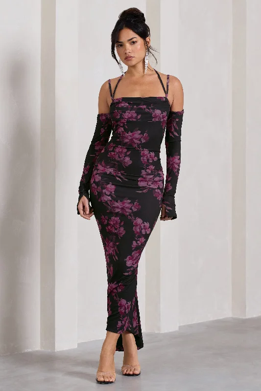 Jessie | Black Floral Print Strappy Long-Sleeved Bodycon Maxi Dress Comfortable Fit-and-Flare Maxi Dress