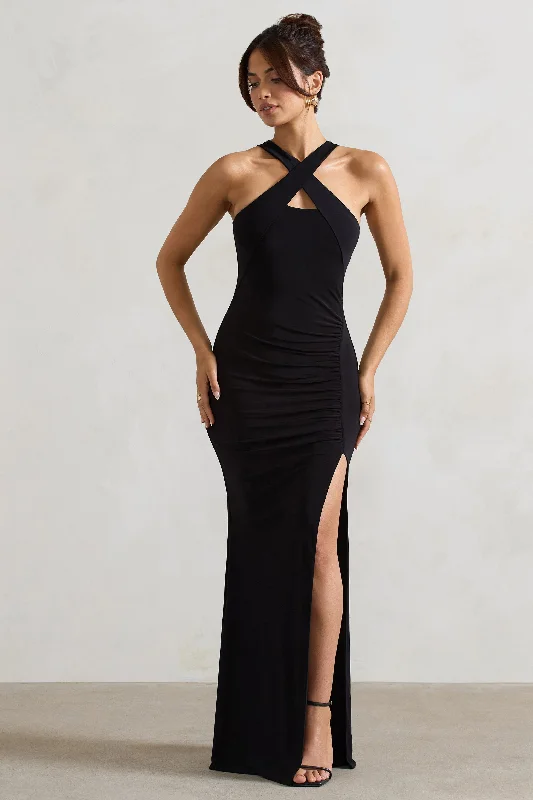 Jianna | Black Cross Over Halter-Neck Split Maxi Dress Comfortable Ruffle Hem Maxi Dress