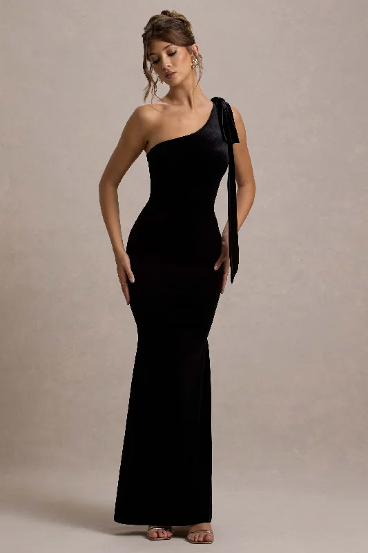 Jillian | Black Velvet Asymmetric Maxi Dress With Bow Strap Fashionable Chiffon Maxi Dress